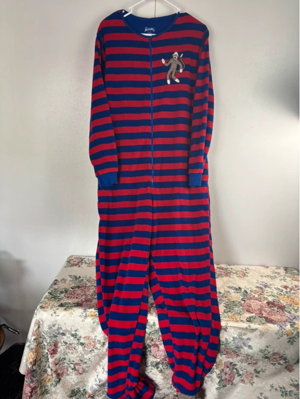 Nick & Nora Sock Monkey Adult Onesie Pajamas Size L Red Blue Striped Footed PJs